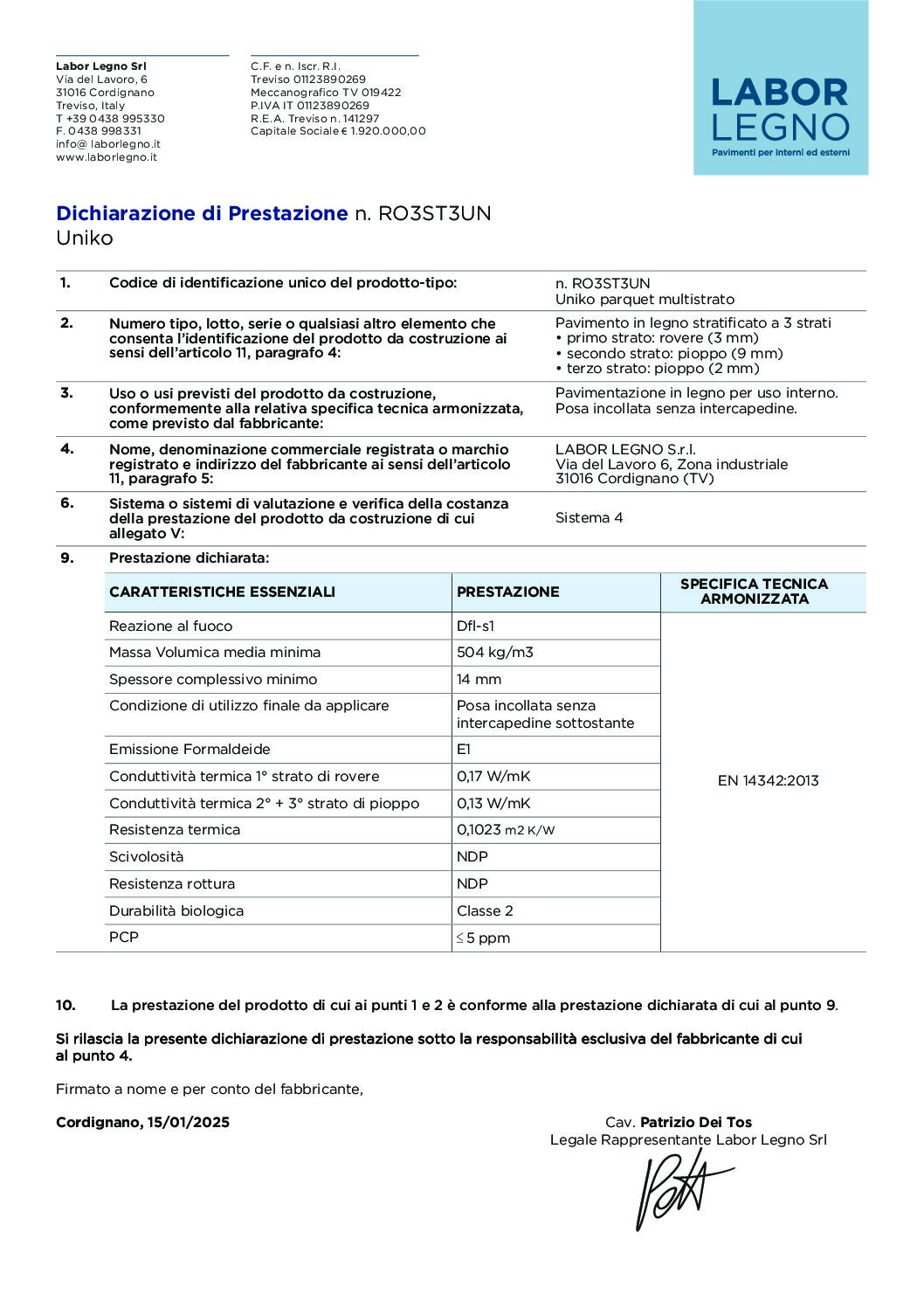 Copertina Dichiarazione di Prestazione Uniko
