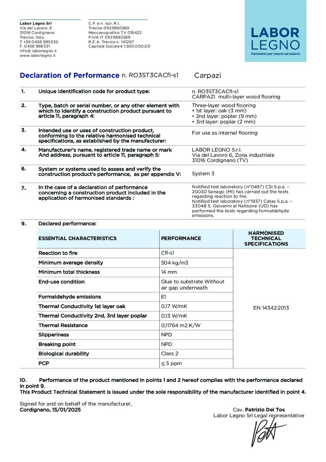 Declaration of performance Carpazi Cover