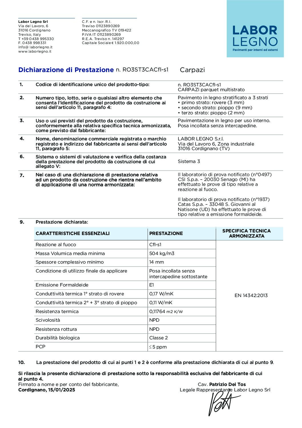 Copertina Dichiarazione di Prestazione Carpazi i piallati