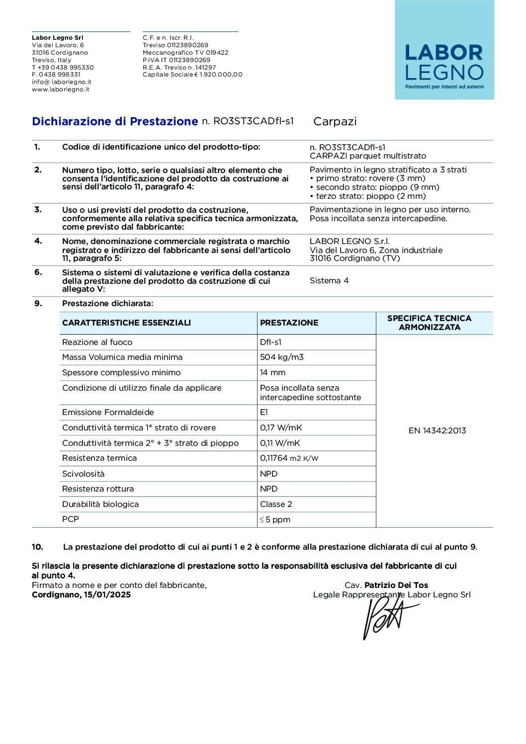 Copertina Dichiarazione di Prestazione Carpazi i piallati