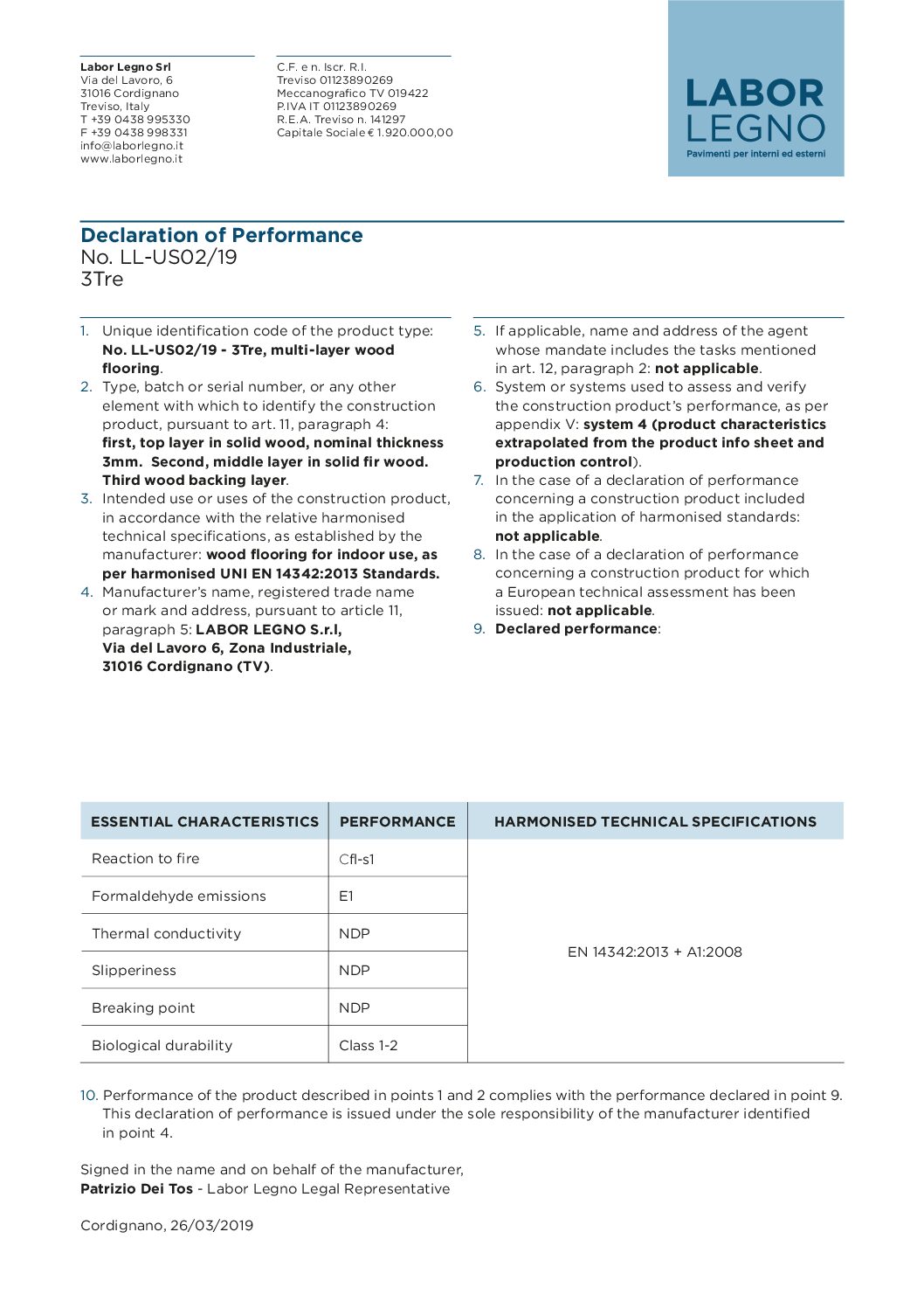 Declaration of performance Parquet 3Tre Cover