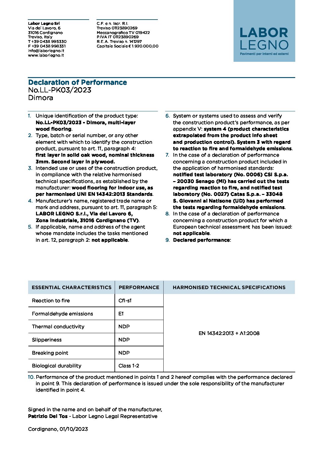Declaration of performance Dimora Cover