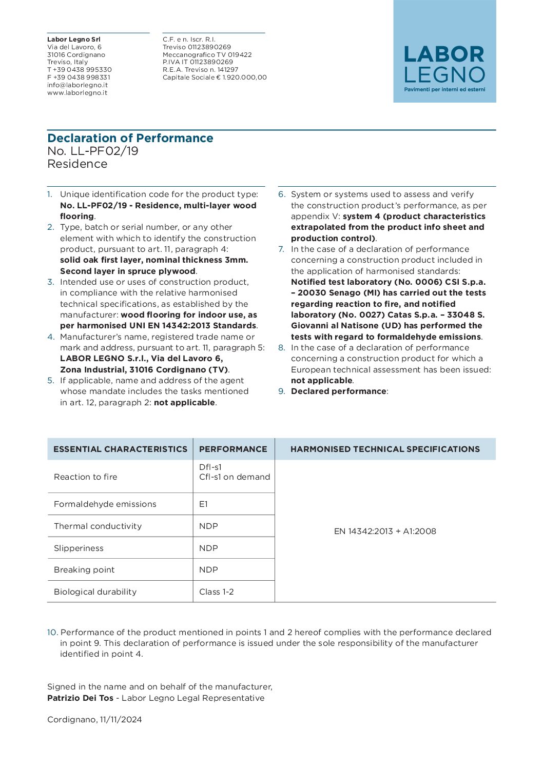 Declaration of performance Residence Cover
