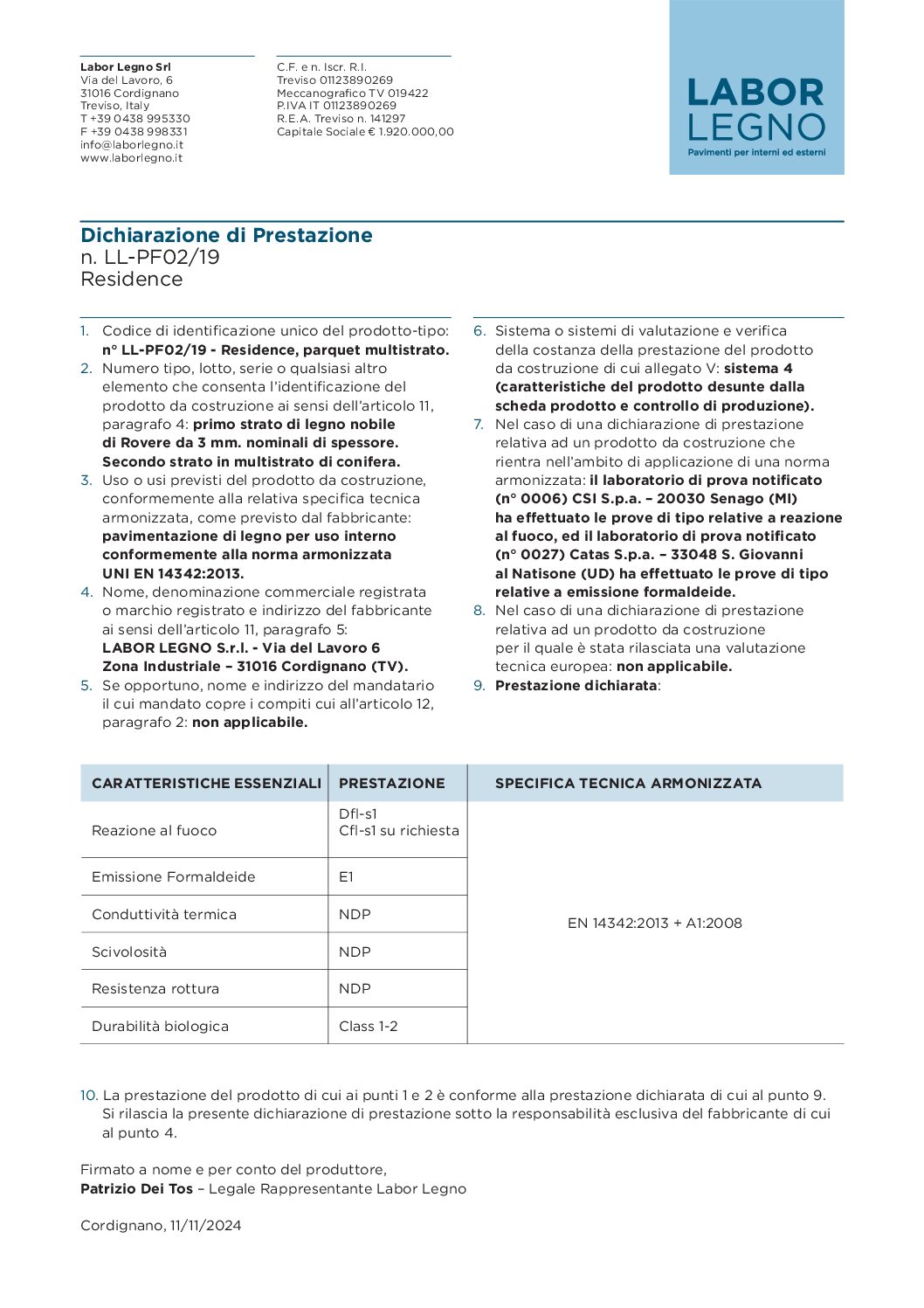 Copertina Dichiarazione di Prestazione Residence