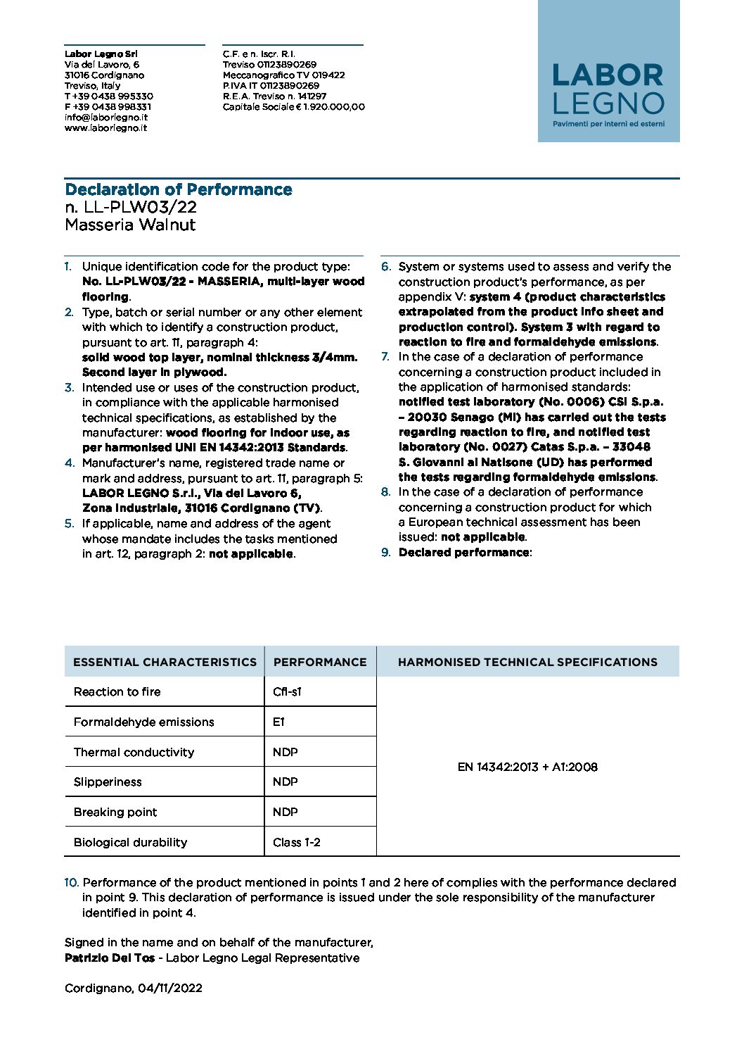 Declaration of performance Masseria Cover