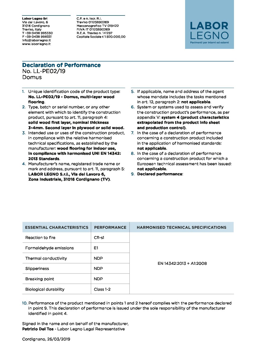 Declaration of performance Domus Cover